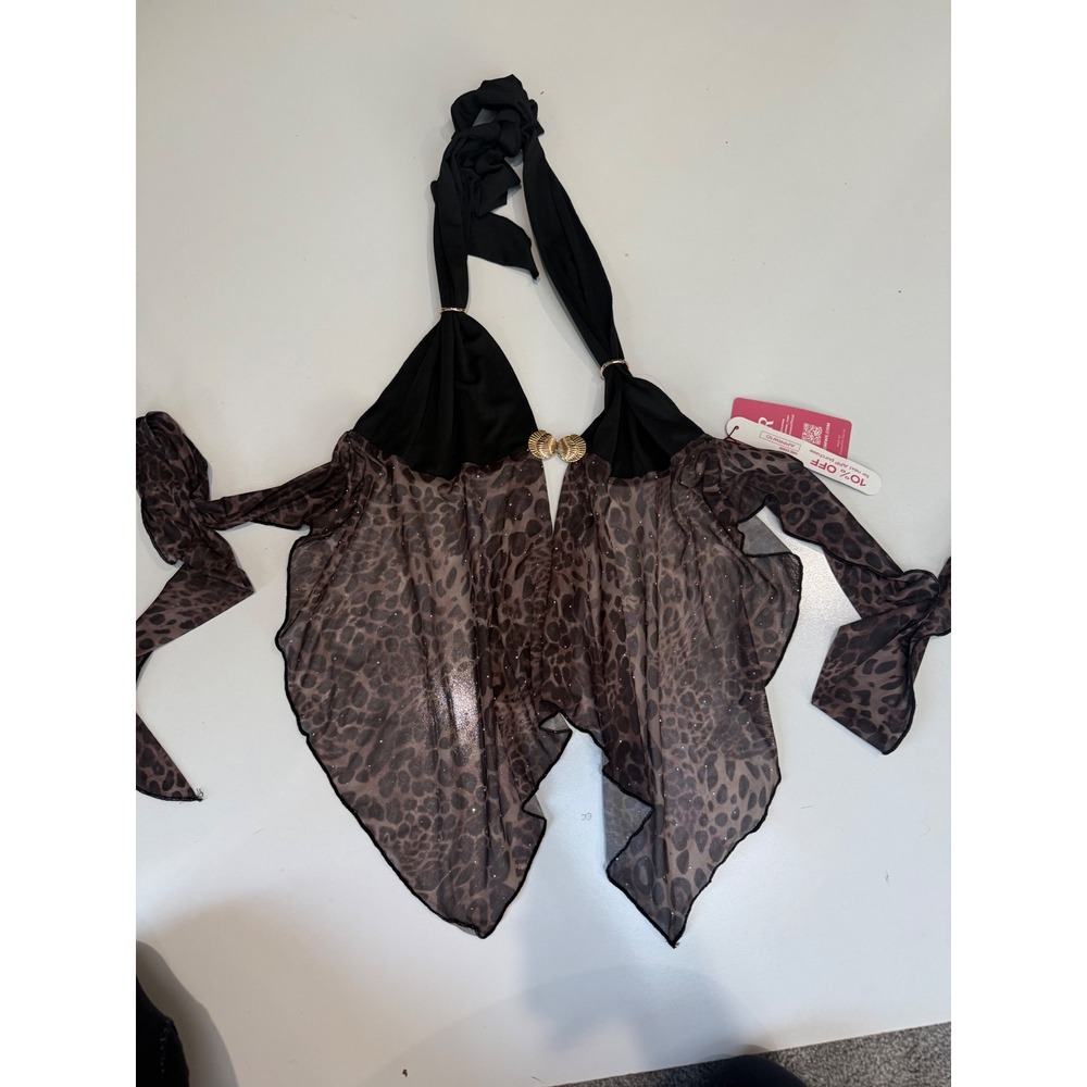 ROMWE Leopard Print Glitter Mesh Halter Top Handkerchief Hem Gold Shell NWT